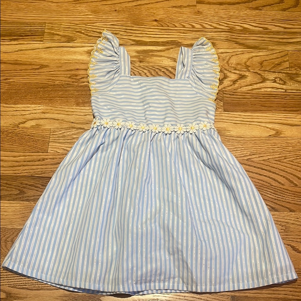 Blue and White Ruffled Sundress with Puff Sleeves